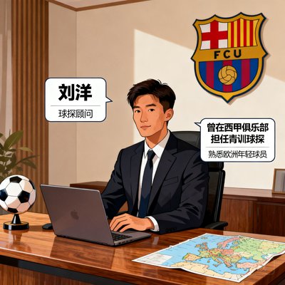 刘洋，球探顾问，曾在西甲俱乐部担任青训球探，熟悉欧洲年轻球员
